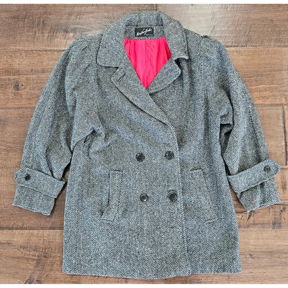 Vtg Herringbone Chic Pea Coat Preppy Power Shoulder Black White Pink 3/4 sleeve